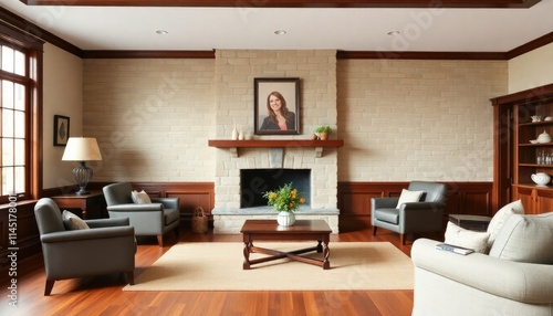 Traditional Colonial Style Stone Wall Living Room featuring dark mahogany skirting boards for a stately appearance