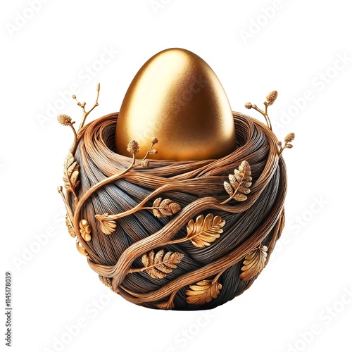 Golden Easter Egg Nestled in Woven Artistic Nest with Leaf Accents Isolated on White Background