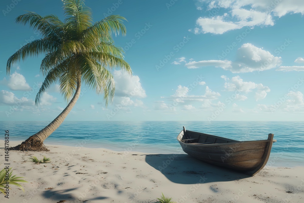 Secluded beach with a lone palm tree and a small boat Secluded beach with a lone palm tree and a small boat