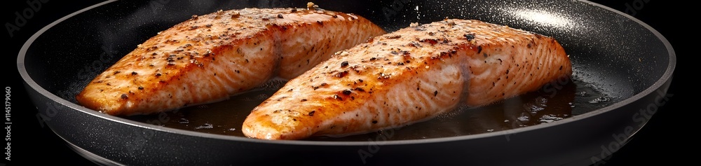Two seasoned salmon fillets pan-frying in a skillet, close-up view. Two seasoned salmon fillets pan-frying in a skillet, close-up view.