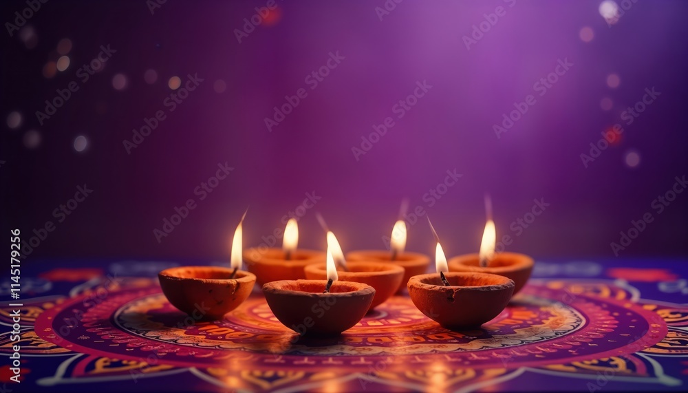 Diwali celebration. Many clay lamps light up night. Colorful patterns decorate surface. Festive Hindu holiday. Traditional decor. Warm atmosphere. Family gathering. Diwali celebration. Many clay lamps light up night. Colorful patterns decorate surface. Festive Hindu holiday. Traditional decor. Warm atmosphere. Family gathering.