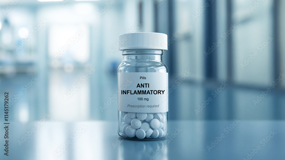 Anti-inflammatory pills in a labeled transparent bottle displaying 100 mg dosage on a reflective surface in a hospital, pharmaceutical medication for inflammation and pain relief, healthcare treatment Anti-inflammatory pills in a labeled transparent bottle displaying 100 mg dosage on a reflective surface in a hospital, pharmaceutical medication for inflammation and pain relief, healthcare treatment