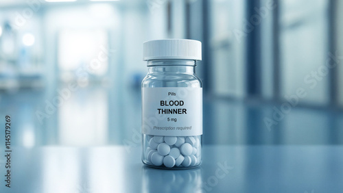 Blood thinner pills in a transparent container labeled with 5 mg dosage placed on a reflective surface in a hospital setting, anticoagulant medication for clot prevention, cardiovascular health