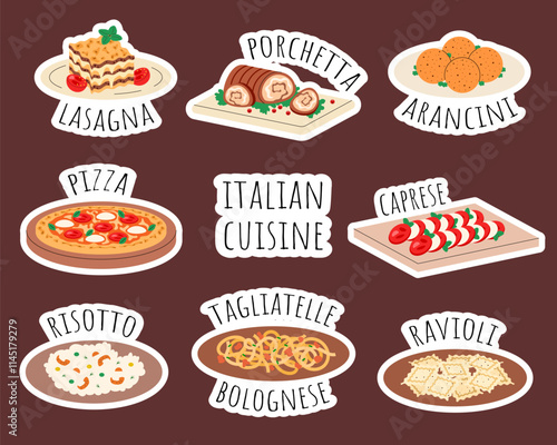Set of stickers Italian cuisine, food, dish. Pizza, lasagna, pasta tagliatelle bolognese, ravioli, risotto, arancini, porchetta, caprese. Flat vector illustration