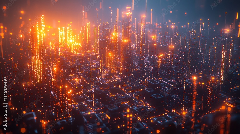 Obraz premium Digital Connectivity: Data Streams in Futuristic Cityscape