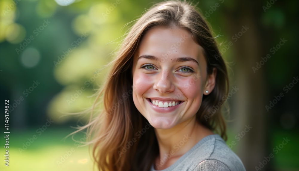Young woman smiles happily at camera outdoors. She stands confidently in a park or garden. Natural light and casual attire. Close-up portrait captures her positive and attractive features. Young woman smiles happily at camera outdoors. She stands confidently in a park or garden. Natural light and casual attire. Close-up portrait captures her positive and attractive features.
