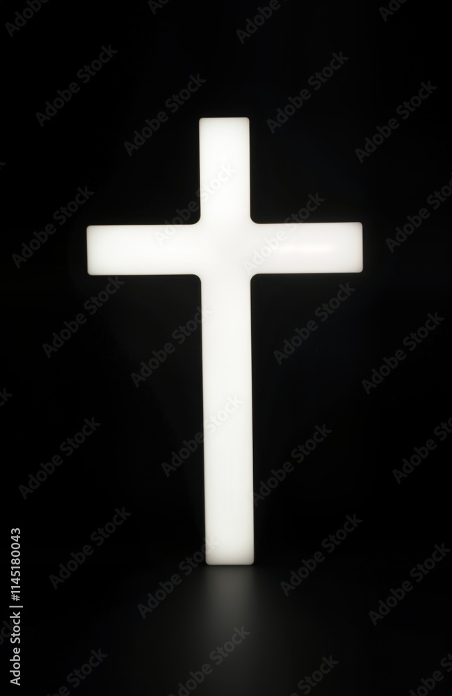 Simple white christian cross on black background. Modern minimalist style. Suitable for religious spiritual themes. Graphic design element. Could used on t-shirts, stickers, promotional items. Simple Simple white christian cross on black background. Modern minimalist style. Suitable for religious spiritual themes. Graphic design element. Could used on t-shirts, stickers, promotional items. Simple