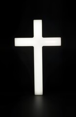 Simple white christian cross on black background. Modern minimalist style. Suitable for religious spiritual themes. Graphic design element. Could used on t-shirts, stickers, promotional items. Simple