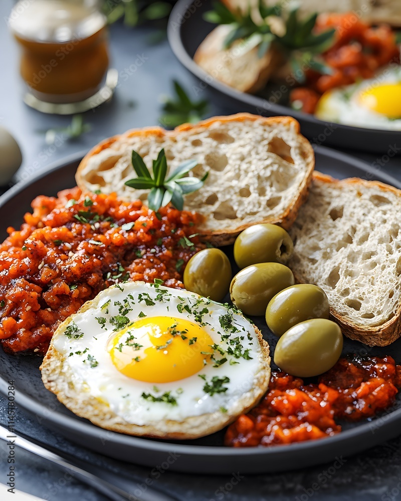 Sunny-side up egg with roasted red pepper relish, olives, and crusty bread on a dark plate. Sunny-side up egg with roasted red pepper relish, olives, and crusty bread on a dark plate.