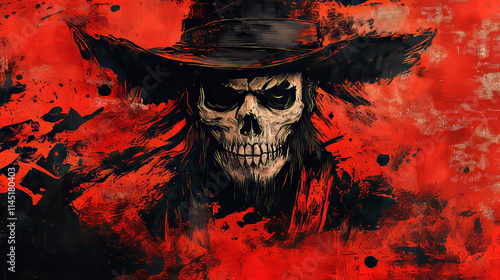 Grunge skull cowboy illustration with hat on textured red and black abstract background