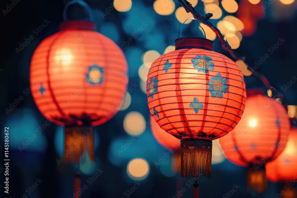 Obraz premium Vibrant Chinese New Year Celebration in Singapore: Lanterns Illuminate the Night River Festival