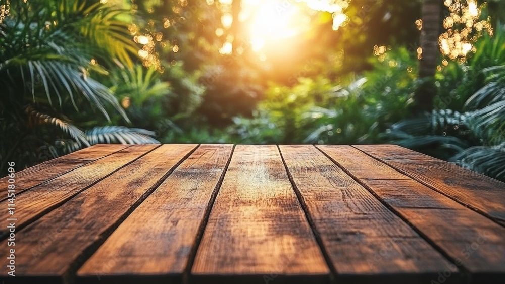 Wooden table in a tranquil forest during sunset Wooden table in a tranquil forest during sunset