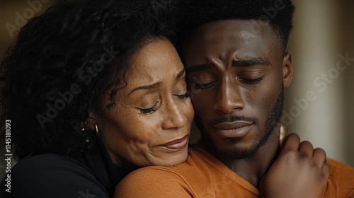 An emotional embrace between a mother and son, both expressing love and comfort, captured in a tender moment of familial connection.