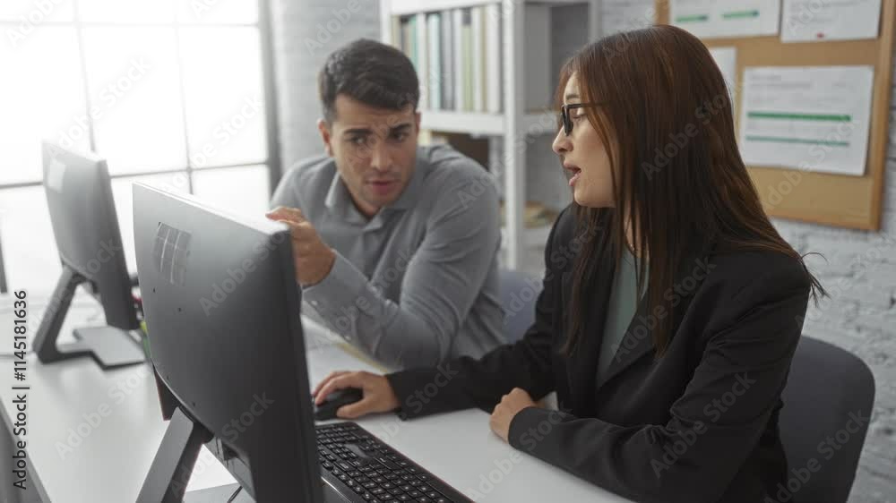 Man and woman in business attire working together indoors at a desk in a modern office with computers and documents in a collaborative environment Man and woman in business attire working together indoors at a desk in a modern office with computers and documents in a collaborative environment