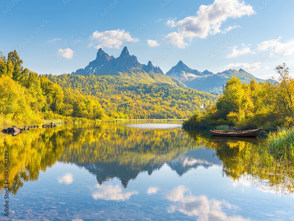 Fototapeta premium Serene lake reflecting mountains and trees under a clear blue sky.