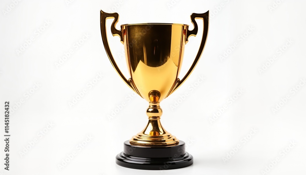 Shiny gold trophy stands isolated on white background. Award for winner. Champion piece of silverware. Success concept. Best award for achievements. Victory moment. Winner prize. Isolated award for Shiny gold trophy stands isolated on white background. Award for winner. Champion piece of silverware. Success concept. Best award for achievements. Victory moment. Winner prize. Isolated award for