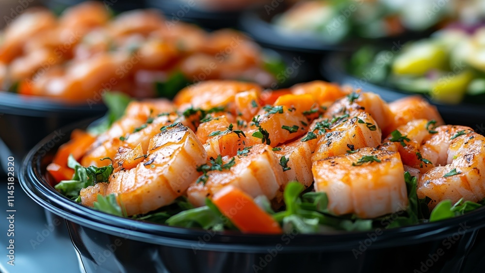 Delicious shrimp salad served in black bowls with fresh ingredients Delicious shrimp salad served in black bowls with fresh ingredients