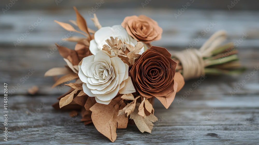 A rustic paper flower bouquet with earthy tones dried-look blooms and twine wrapping. A rustic paper flower bouquet with earthy tones dried-look blooms and twine wrapping.