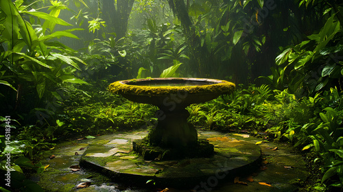 A tranquil tropical jungle clearing with an ornate fountain covered in moss surrounded by dense vines and greenery. photo