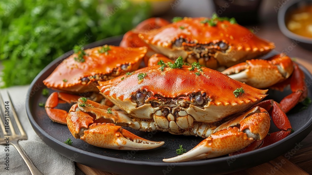 Freshly cooked crabs served on a black plate with garnish Freshly cooked crabs served on a black plate with garnish