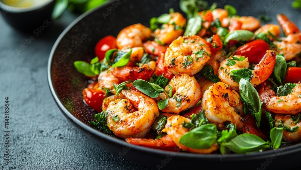 Delicious shrimp salad with fresh vegetables and herbs