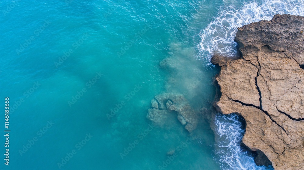 Aerial view of turquoise water meeting rocky shoreline. Aerial view of turquoise water meeting rocky shoreline.