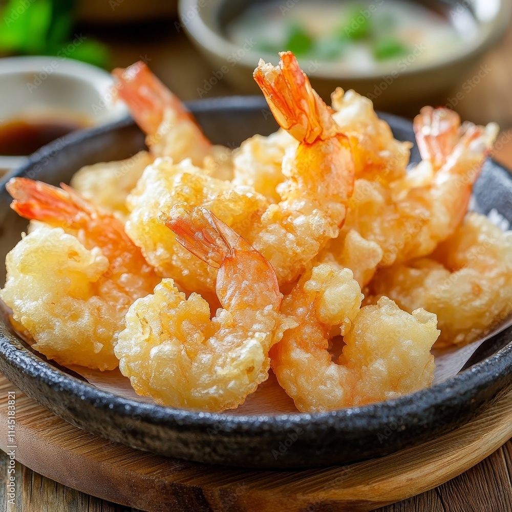 Shrimp tempura on a wooden surface, Japanese cuisine Shrimp tempura on a wooden surface, Japanese cuisine