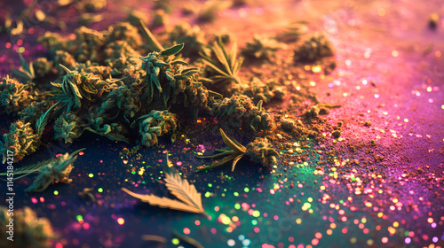 A scattered heap of ground cannabis and dense buds on a multicolor glowing abstract ground. photo