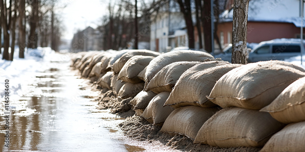 Rows of sandbags stacked as a flood barrier on a snowy urban street, highlighting flood prevention efforts and winter resilience. Rows of sandbags stacked as a flood barrier on a snowy urban street, highlighting flood prevention efforts and winter resilience.
