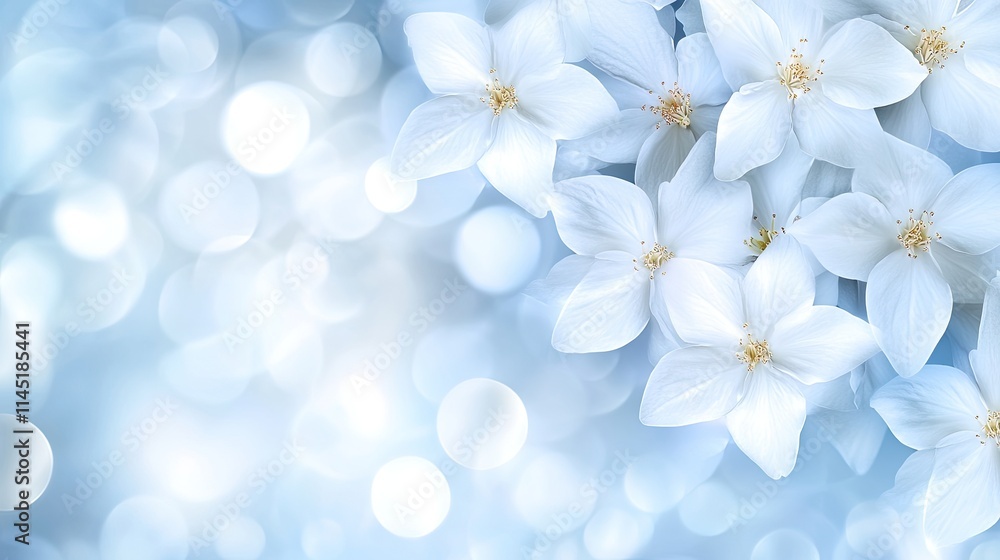 Light blue gradient expands into a tranquil background adorned with white cherry blossoms and delicate flying petals emitting soft light effects Light blue gradient expands into a tranquil background adorned with white cherry blossoms and delicate flying petals emitting soft light effects