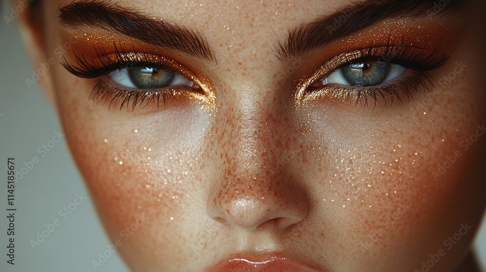 Fototapeta premium Close-up of a model's face showcasing vibrant makeup and freckles.