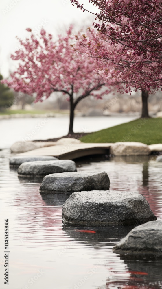Serene landscape with cherry blossoms and stepping stones over calm water. Serene landscape with cherry blossoms and stepping stones over calm water.