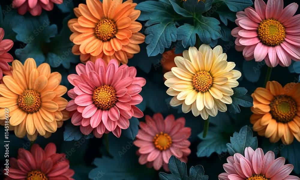 A vibrant arrangement of colorful flowers with lush green leaves. A vibrant arrangement of colorful flowers with lush green leaves.