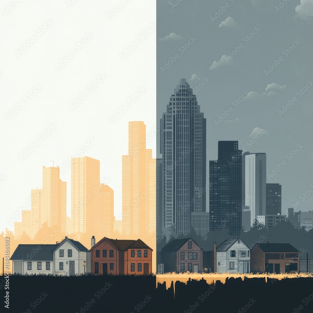 Illustration of a symbolic split landscape, showing wealthy skyscrapers on one side and modest homes on the other. Thick outlines, muted tones, and a dividing crack emphasize economic disparity Illustration of a symbolic split landscape, showing wealthy skyscrapers on one side and modest homes on the other. Thick outlines, muted tones, and a dividing crack emphasize economic disparity