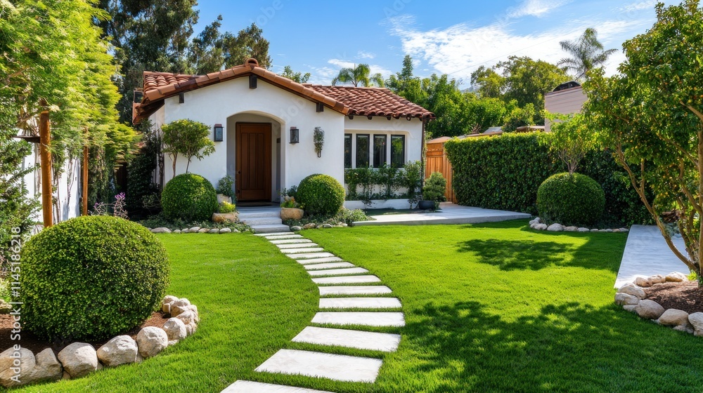 Obraz premium Charming Spanish-style house with lush green lawn, stone pathway, and manicured hedges.