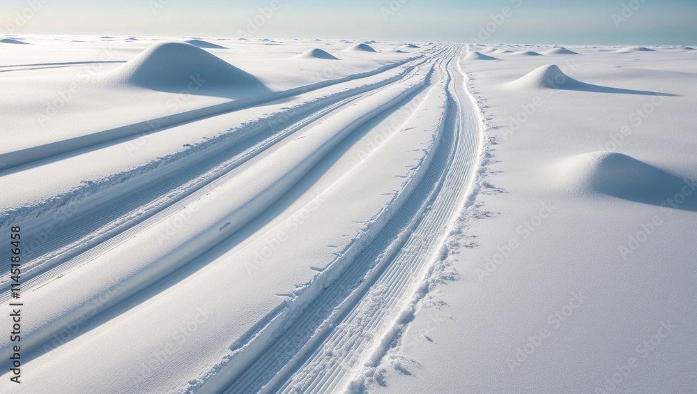 Dramatic Top-Down View of Fresh, Crisp Ski Tracks Carved into Powdered Snow, Creating a Striking Contrast Against the Pristine White Landscape, Evoking a Sense of Adventure and Winter's Natural Beauty Dramatic Top-Down View of Fresh, Crisp Ski Tracks Carved into Powdered Snow, Creating a Striking Contrast Against the Pristine White Landscape, Evoking a Sense of Adventure and Winter's Natural Beauty