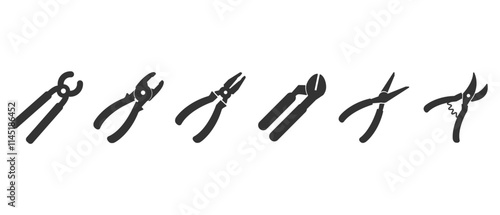 Pliers flat icon set. Carpentry and workshop equipment icons. Work tools. Collection of repair and construction tools in flat style vector illustration on transparent background.