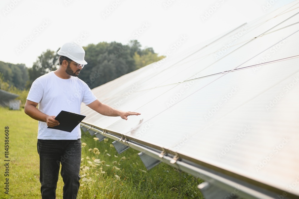 An Indian male engineer working on a field of solar panels. The concept of renewable energy An Indian male engineer working on a field of solar panels. The concept of renewable energy