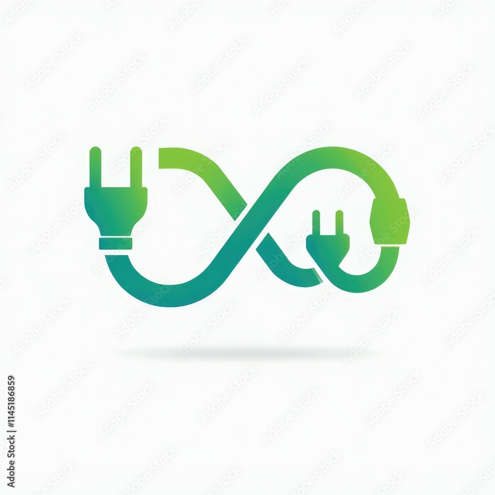 Green Infinity Symbol with Cable Ends Charging Icon, Emission Zero, Renewable Environment Resources Green Infinity Symbol with Cable Ends Charging Icon, Emission Zero, Renewable Environment Resources