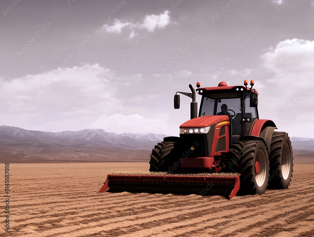 Red tractor working a dry field, mountains in background. Red tractor working a dry field, mountains in background.