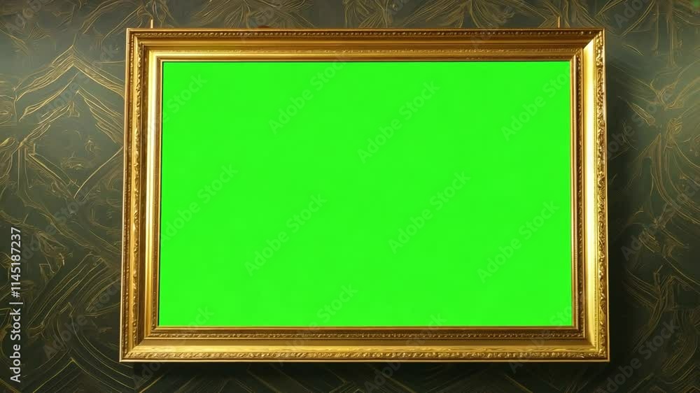 Golden picture frames hanging on textured wallpaper, displaying green screen surface for mockup design