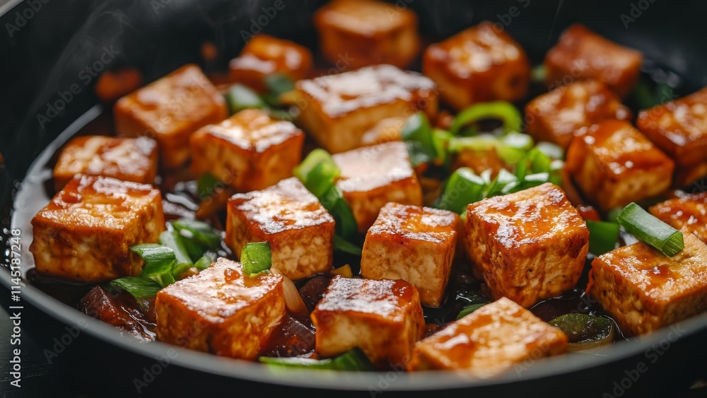 Delicious stir fried tofu with green onions cooked in a skillet Delicious stir fried tofu with green onions cooked in a skillet