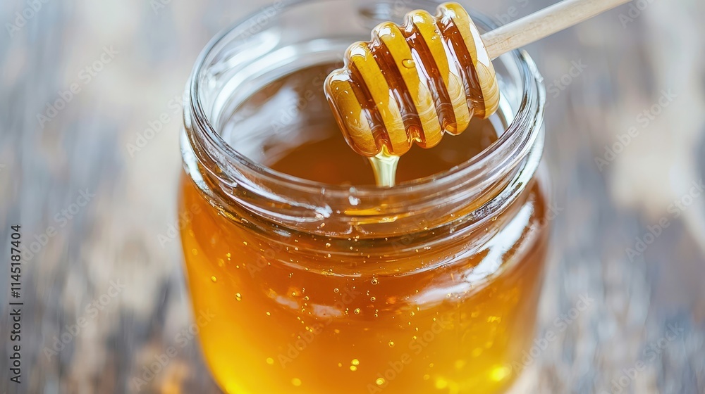 Golden honey dripping from wooden dipper into glass jar on wooden surface. Golden honey dripping from wooden dipper into glass jar on wooden surface.