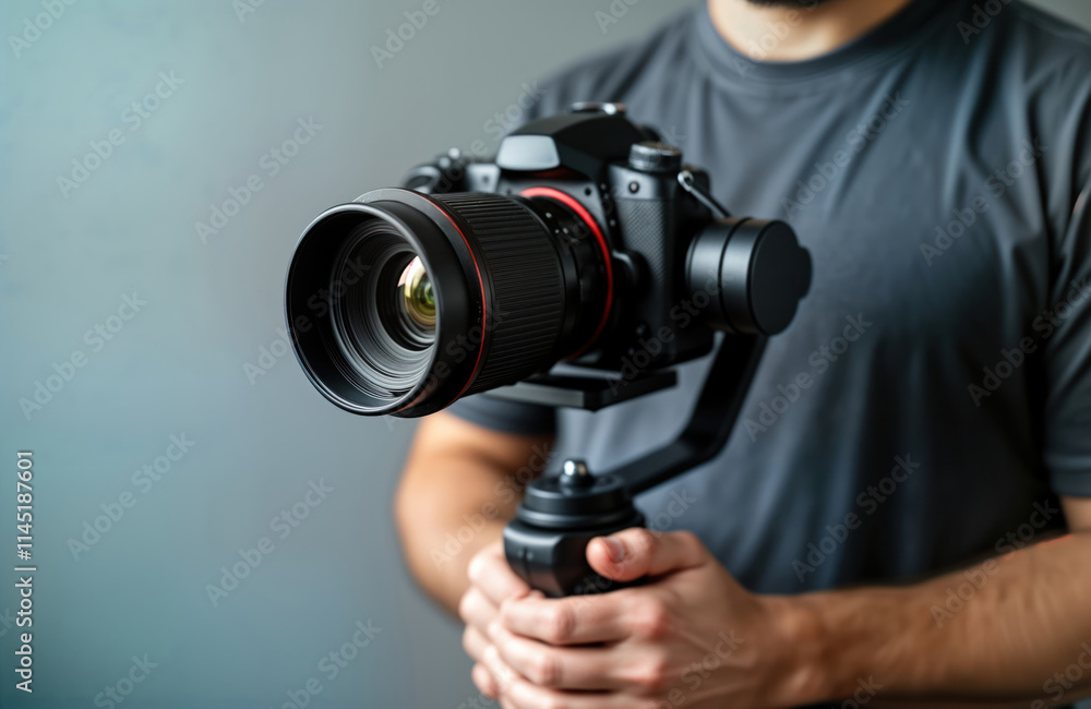 Male videographer holds modern dslr camera on 3-axis gimbal. Professional videographer uses advanced tech equipment. Creative hobby, work concept. Modern tech equipment. Man working with camera, Male videographer holds modern dslr camera on 3-axis gimbal. Professional videographer uses advanced tech equipment. Creative hobby, work concept. Modern tech equipment. Man working with camera,