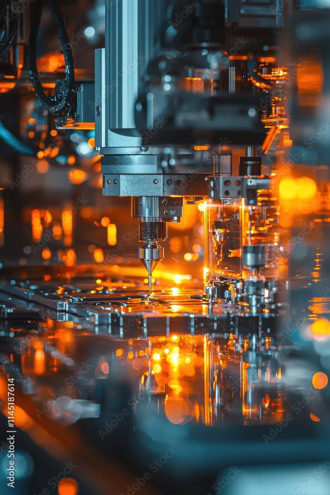 Fototapeta premium Precision manufacturing process showcasing advanced machinery and bright lighting effects in a modern factory setting. Generative AI
