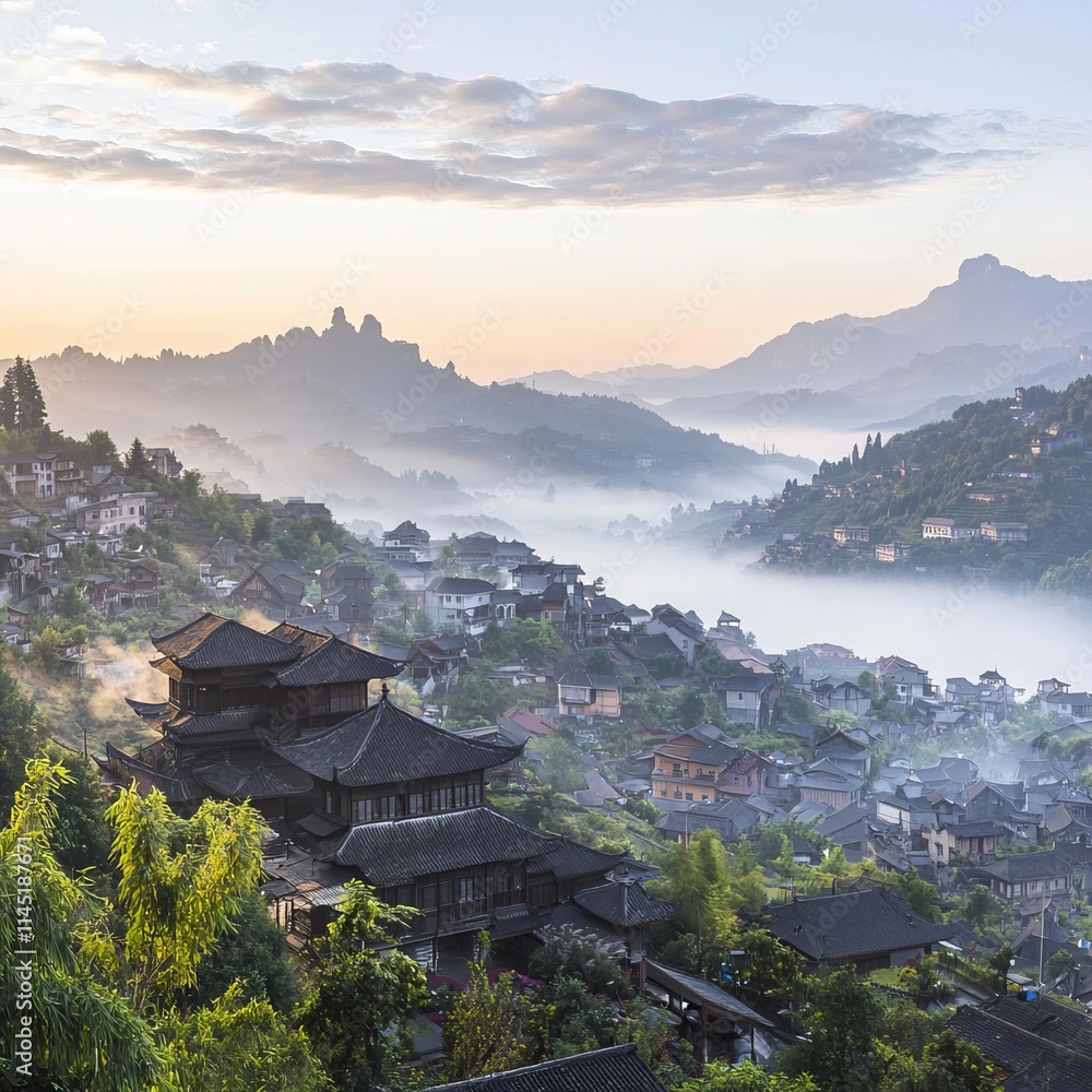 Serene mountain landscape with misty valleys and traditional architecture. Serene mountain landscape with misty valleys and traditional architecture.
