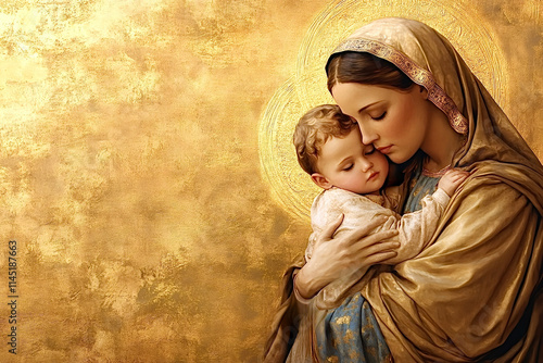 Madonna embracing child jesus on gold background