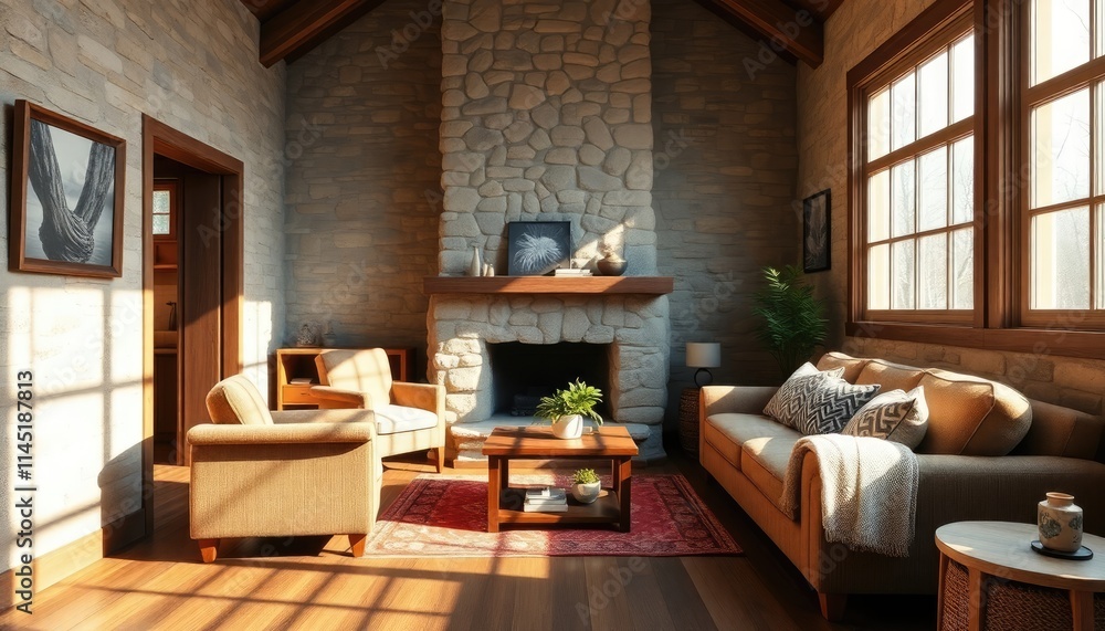 Fototapeta premium Sunny Cozy Cabin Stone Wall Living Room featuring dark wood skirting boards for natural charm