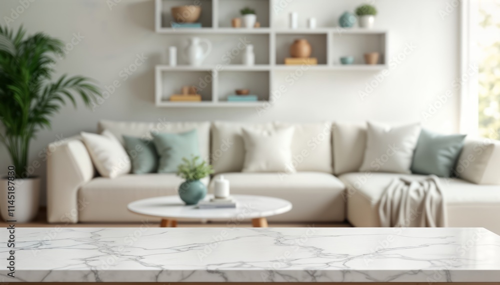 Modern living room interior with marble countertop. Empty space on marble surface for product mockup. White sofa with sage green pillows blurred in background. Decorated with plants, small objects. Modern living room interior with marble countertop. Empty space on marble surface for product mockup. White sofa with sage green pillows blurred in background. Decorated with plants, small objects.
