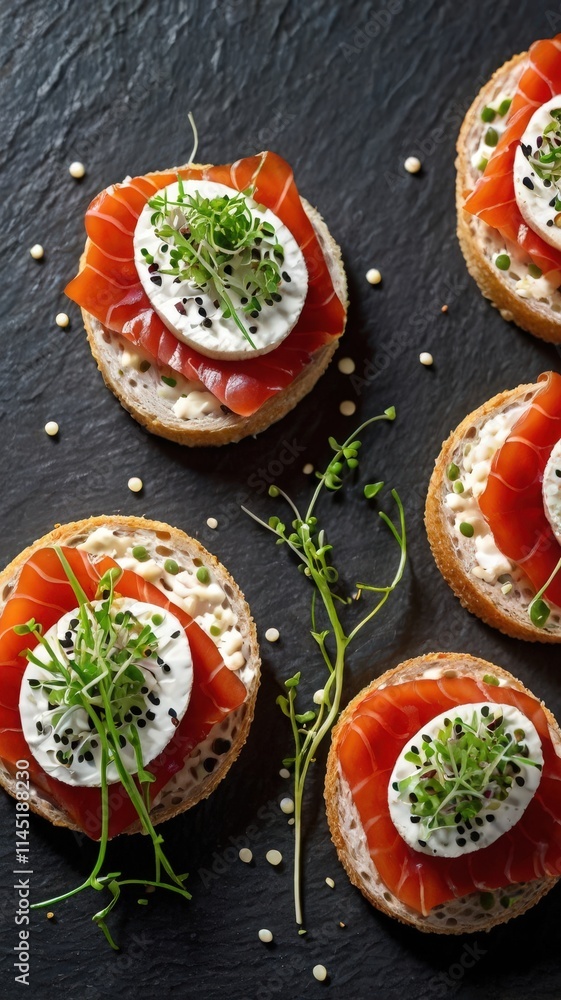 Elegant Canape Sandwich with Red Fish, Cream Cheese, Sesame Seeds, and Microgreens on Slate Plate Elegant Canape Sandwich with Red Fish, Cream Cheese, Sesame Seeds, and Microgreens on Slate Plate